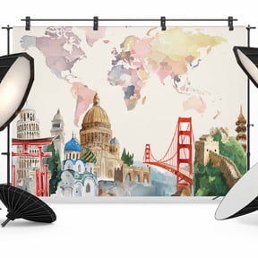 Maps Of The World Photography Backdrop 7x5FT, Famous Buildings around The World Beige Photo Backdrops, Background for Photography Studio Photo Studio Background, Back Drop for Photoshoot