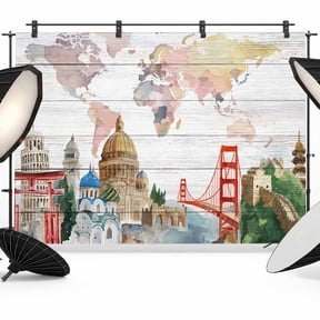 Maps Of The World Photography Backdrop 7x5FT, Famous Buildings around The World Wood Grain Photo Backdrops, Background for Photography Studio Photo Studio Background, Back Drop for Photoshoot