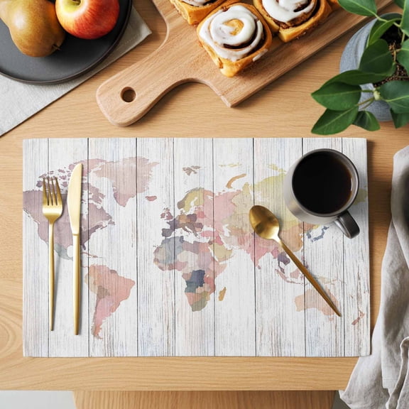 Maps Of The World Placemats Set of 1, Retro Earth Tourism Map Grey Wood Grain Heat Insulated Linen Place Mats, Washable Stain-Proof Table Mats for Dining Tables Holiday Decor 13x19 Inches