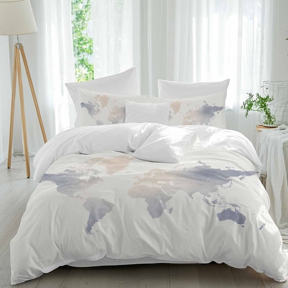 Maps Of The World Queen Size Comforter Set, Blue Ombre Retro Earth Tourism Map Beige Bedding for All Seasons, 4 Pcs Bed Set, 1Quiltcover (90"x92") ,1Sheet(94"x116"), 2Pillowcases (30"x20")