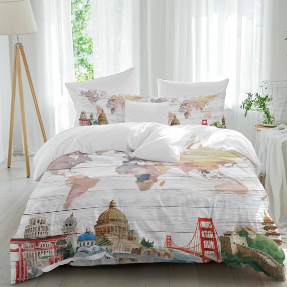 Maps Of The World Queen Size Comforter Set, Famous Buildings around The World Wood Grain Bedding for All Seasons, 4 Pcs Bed Set, 1Quiltcover (90"x92") ,1Sheet(94"x116"), 2Pillowcases (30"x20")