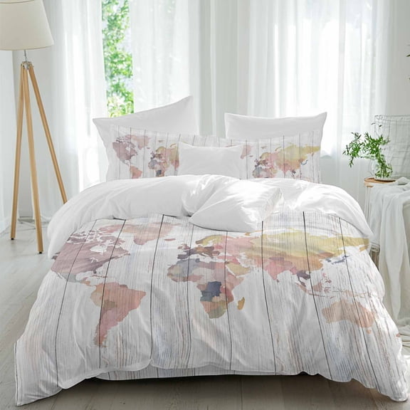 Maps Of The World Queen Size Comforter Set, Retro Earth Tourism Map Grey Wood Grain Bedding for All Seasons, 4 Pcs Bed Set, 1Quiltcover (90"x92") ,1Sheet(94"x116"), 2Pillowcases (30"x20")