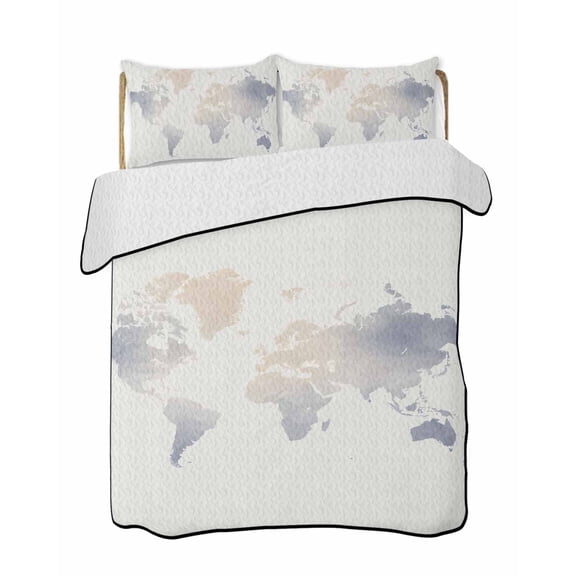 Maps Of The World Quilts Bedding Set Queen Size Blue Ombre Retro Earth Tourism Map Beige Lightweight Quilted Bedspread 3 Piece Bed Quilt with 2 Pillow Shams All Season for Bedroom 78" x 90"