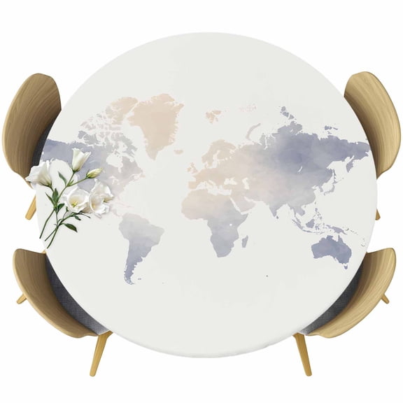 Maps Of The World Round Fitted Tablecloth with Elastic Edge, Blue Ombre Retro Earth Tourism Map Beige Stretch Table Covers for 45"-54" Tables Wipeable Table Cloth for Outdoor