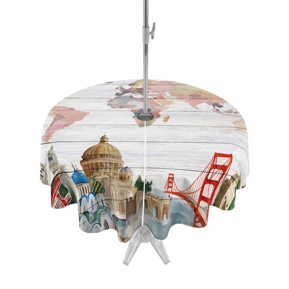 Maps Of The World Round Outdoor Tablecloth with Umbrella Hole Famous Buildings around The World Wood Grain 54 Inch Round Waterproof Table Cover Zippered Table Cloth for Garden Patio