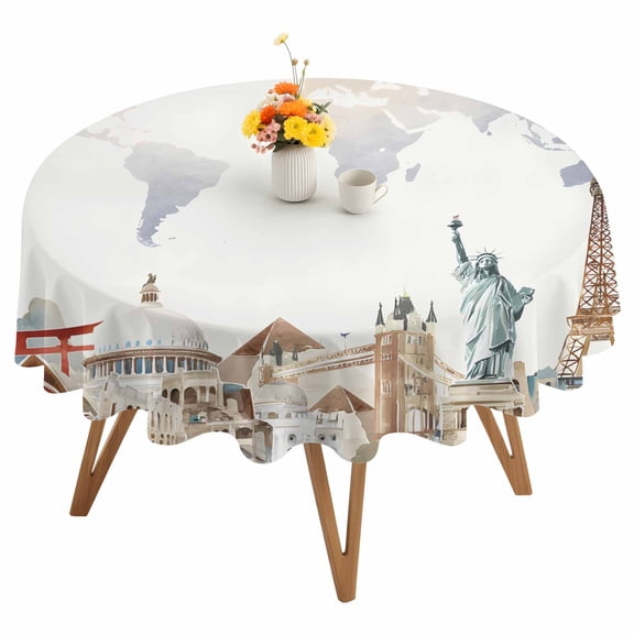Maps Of The World Round Tablecloth 54 inches Earth Famous Buildings Tourism Beige Waterproof Oil-Proof Table Cloth Round Table Cover for Holiday Party Picnic Dinner Decor Indoor and Outdoor Use