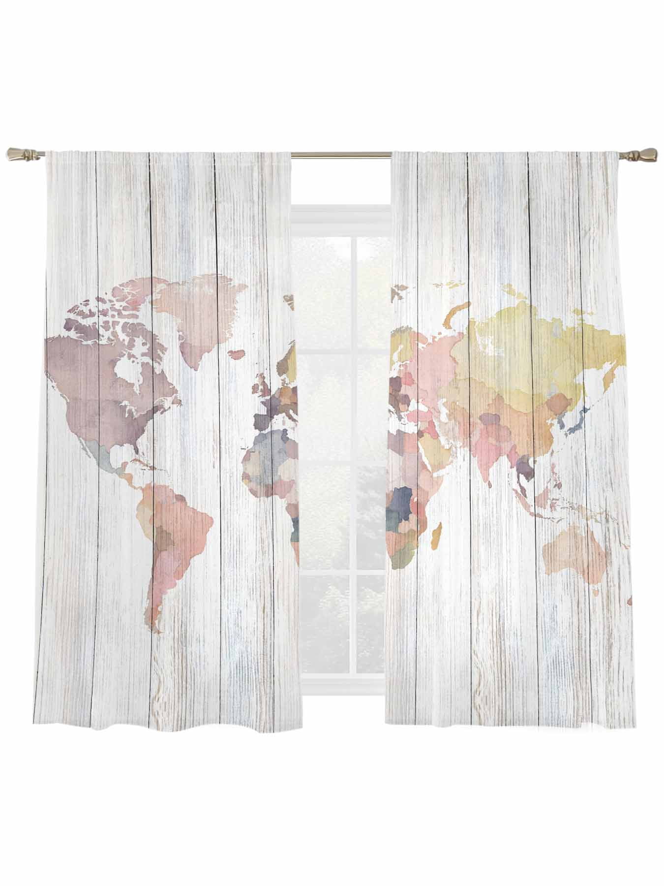 Window Map Rod Maps Of The World Sheer Curtains 2 Panels Set Retro Earth Tourism Map ...