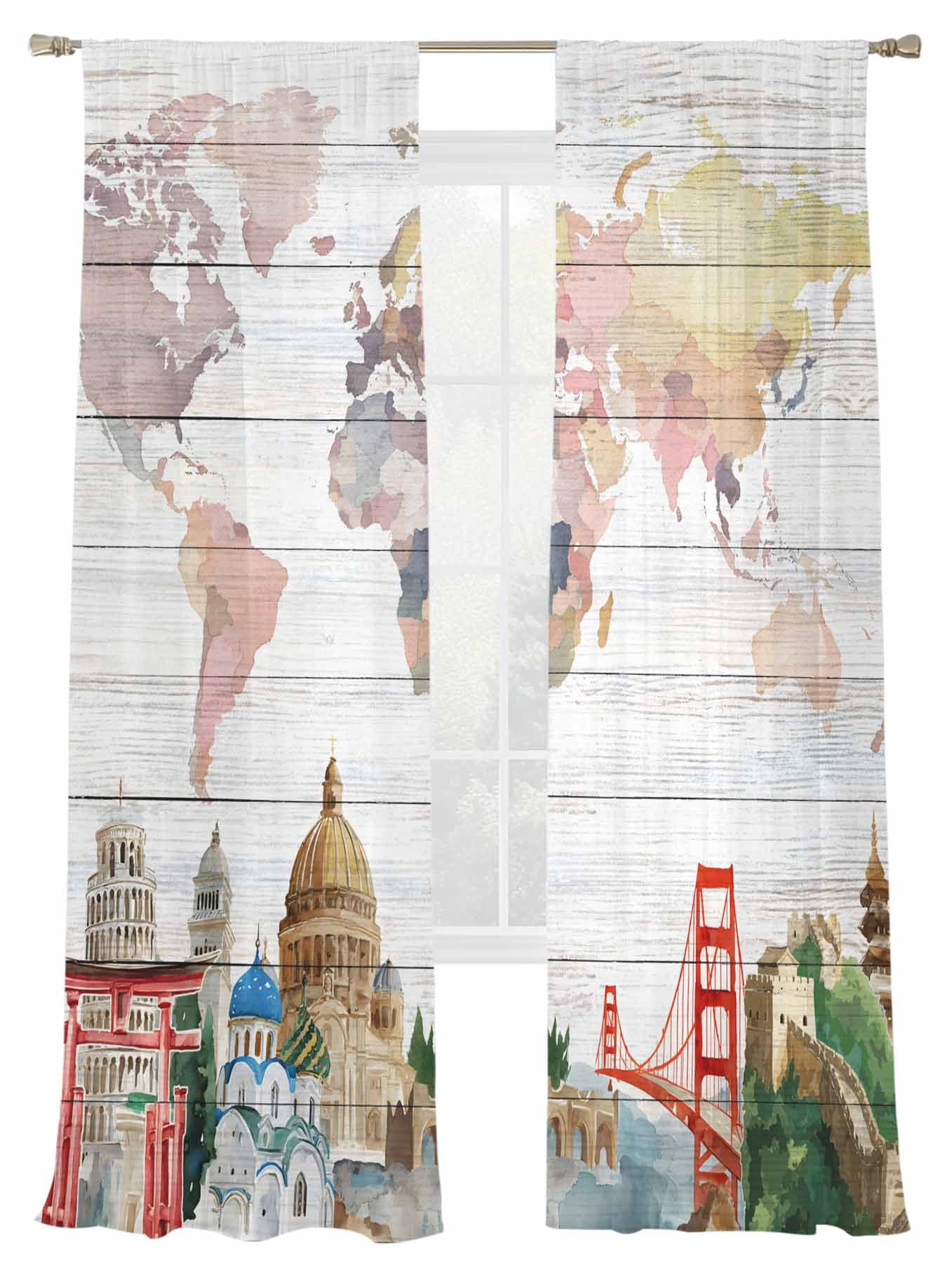 Window Map Rod Maps Of The World Sheer Curtains for Living Room Bedroom, Famous ...