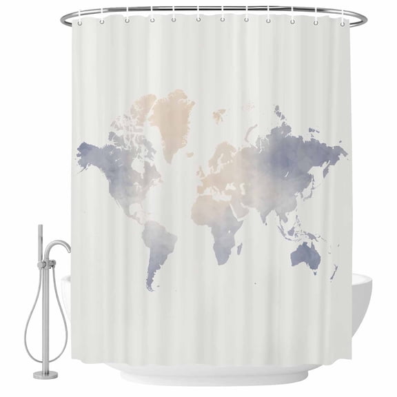 Maps Of The World Shower Curtain for Bathroom, Blue Ombre Retro Earth Tourism Map Beige Waterproof Cloth Fabric Bathroom Accessories Set with 12 Rust Proof Plastic Hooks, 72"x96"