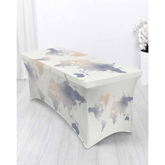 Maps Of The World Spandex Tablecloth 6ft Blue Ombre Retro Earth Tourism Map Beige Elastic Fitted Cloth for Rectangle Table Wrinkle Proof Stretch Table Cover for Wedding Party Birthday Banquet