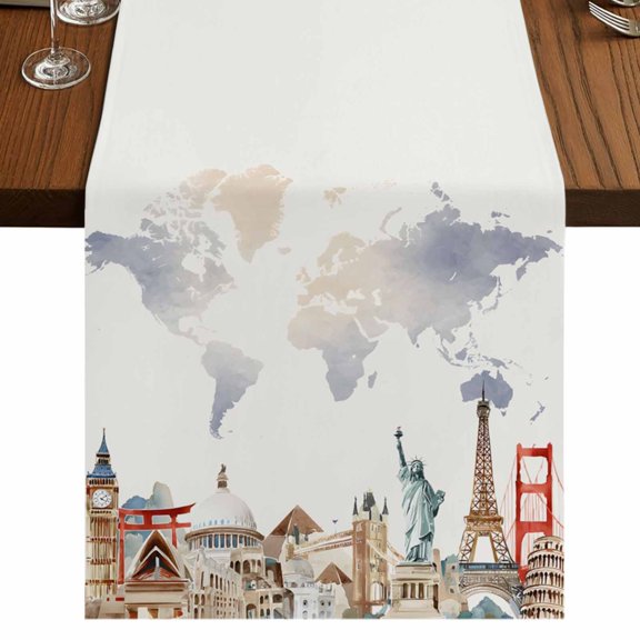 Maps Of The World Table Runner 48 Inches Long, Earth Famous Buildings Tourism Beige Cotton Linen Dining Table Runner Dresser Scarves for Home Kitchen Party Decor 13"x48"