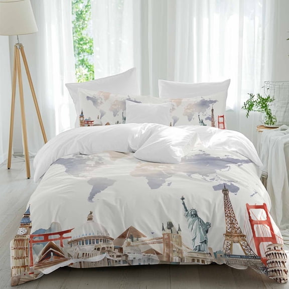 Maps Of The World Twin Size Comforter Set, Earth Famous Buildings Tourism Beige Bedding for All Seasons, 4 Pcs Bed Set, 1 Quiltcover (68"x86") ,1Sheet(67"x116"), 2Pillowcases (30"x20")