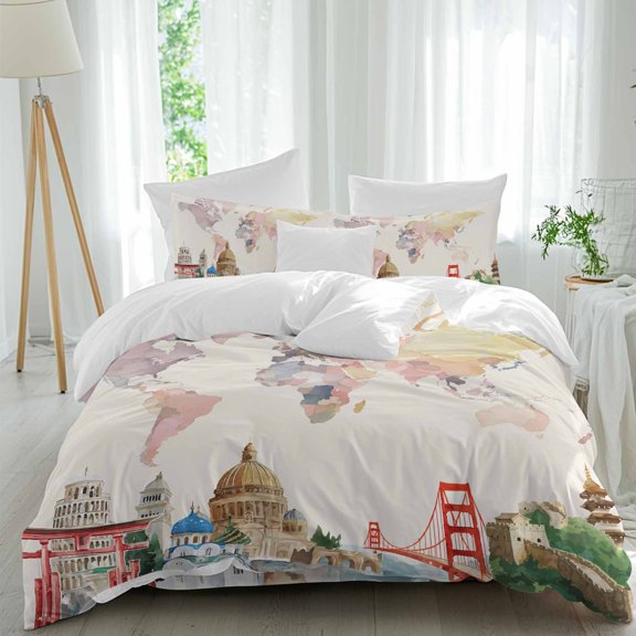 Maps Of The World Twin Size Comforter Set, Famous Buildings around The World Beige Bedding for All Seasons, 4 Pcs Bed Set, 1 Quiltcover (68"x86") ,1Sheet(67"x116"), 2Pillowcases (30"x20")