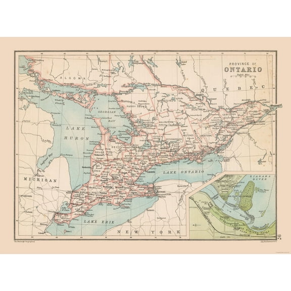 Historic Map - Ontario Canada - Bartholomew 1892 - 30.75 x 23 - Vintage Wall Art