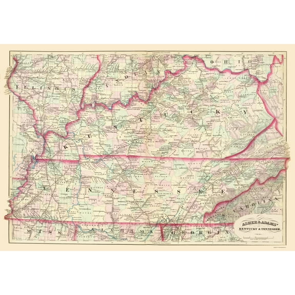 Historic State Map - Kentucky Tennessee - Asher  1874 - 23 x 32.75 - Vintage Wall Art