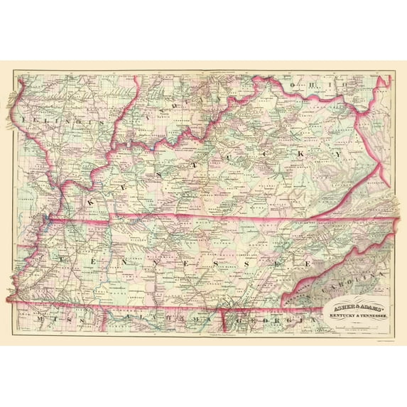 Historic State Map - Kentucky Tennessee - Asher 1874 - 23 x 32.75 - Vintage Wall Art