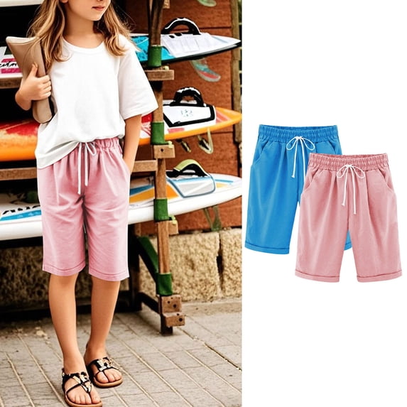 Maqroz 2 Pack Girls Bermuda Shorts Elastic Waist Casual Summer Linen Shorts with Side Pockets Solid Color Loose Fit Capri Pants 3-13 Years