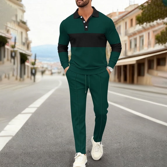 Maqroz 2 Piece Lounge Set for Men Striped Set Long Sleeve Turn Down Collar Top and Casual Pants Classic Formal Outfits for Golf Leisure Activity Outdoor Relaxation Wear