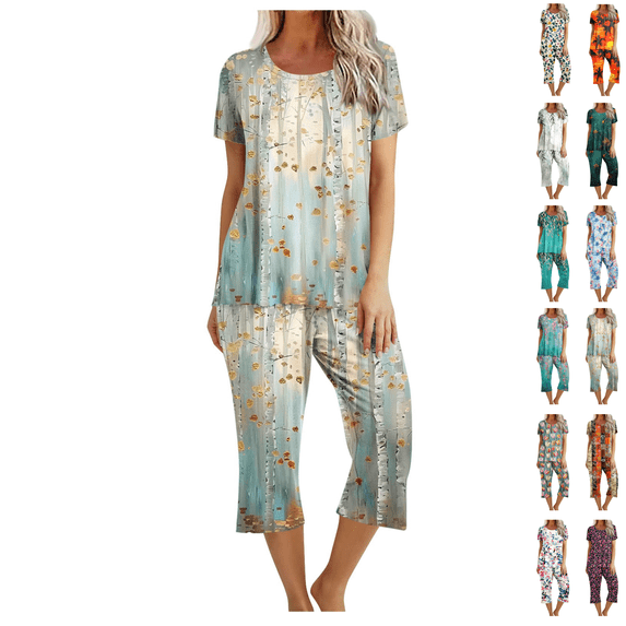 Maqroz 2 Piece Pajama Set for Women Abstract Print Pajama Sets Short Sleeve Top and Capri Pants Soft Cotton Sleepwear Colorful Paint Pattern Nightwear Casual Loungewear Set Artistic Style Home Wear
