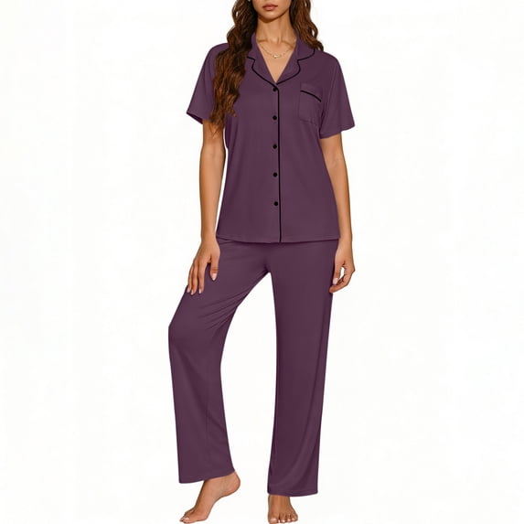 Maqroz 2 Piece Pajama Set for Women Short Sleeve Button Down Top and Pants Soft Solid Color Breathable Sleepwear Summer Lightweight Loungewear with Pockets