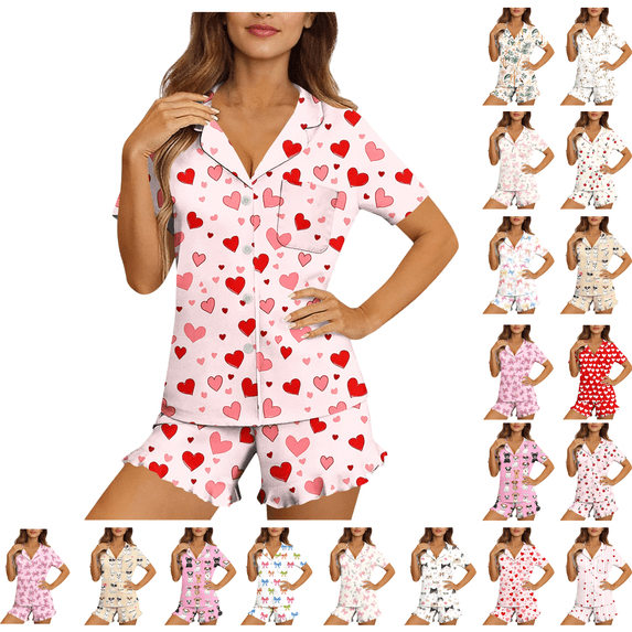 Maqroz 2 Piece Pajama Set for Women Short Sleeve Button Down Sleepwear Cute Print Loungewear Lightweight Nightwear with Ruffle Shorts for Ladies