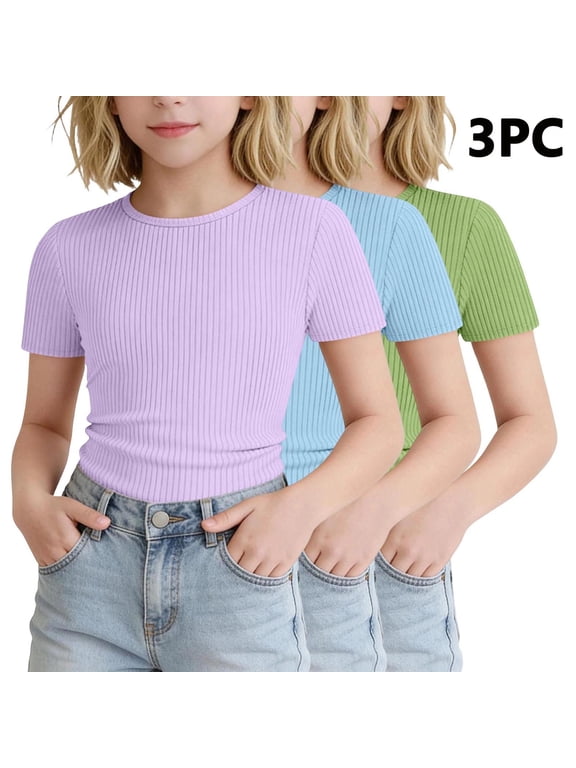 3 Pack Girls Solid Ribbed Short Sleeve Tops Slim Fit Crewneck Pullover Tees Soft Solid Color Casual Summer Basic Shirts 5-16 Years