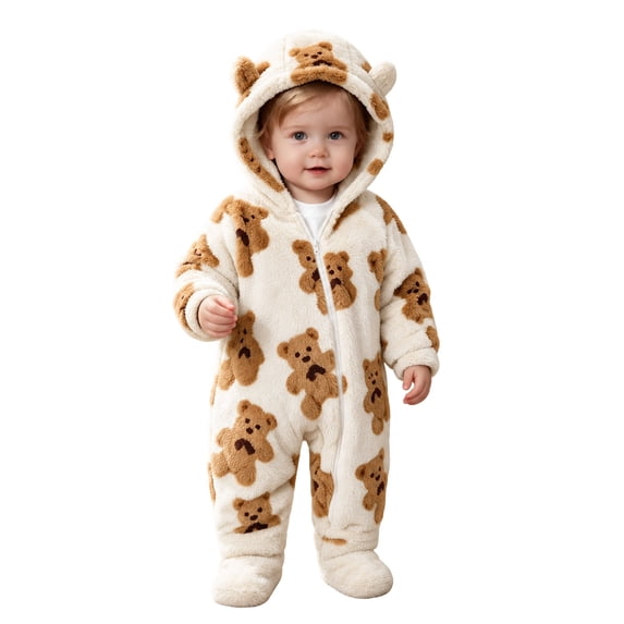 Maqroz Animal Print Boys Girls Fleece Jumpsuit Long Sleeve Hooded Romper Cute Cubby Graphic Loungewear with Zip