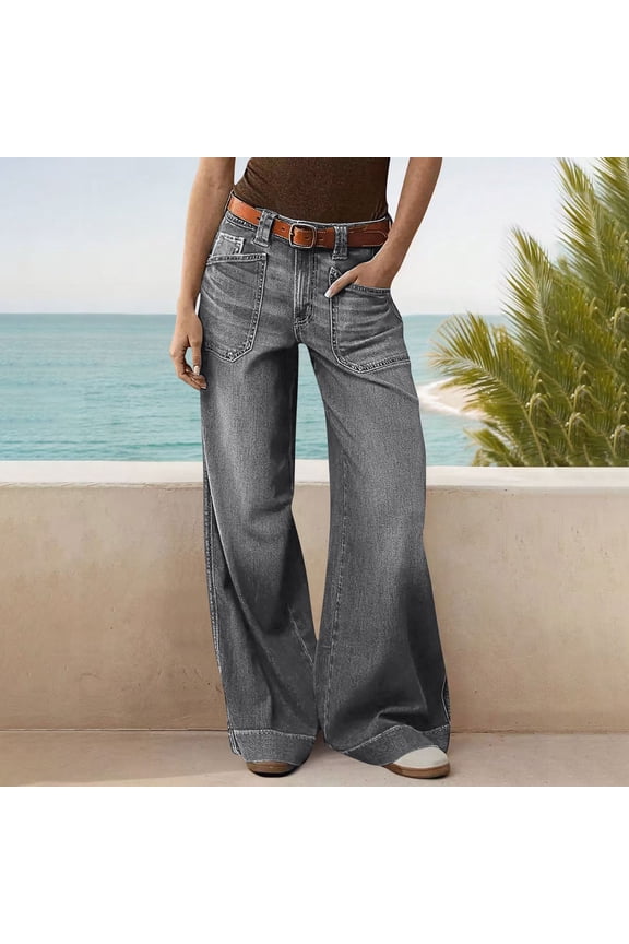Baggy Jeans Women Low Rise Y2K Straight Leg Wide Leg Jeans Stretchy Bootcut Denim Pants Casual Boyfriend Trouser Jean Pocket Front Gray L