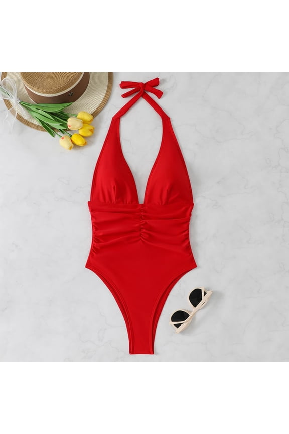 Bathing Suit for Women One Piece Backless Deep V Swimsuit Halter Tie Neck Beachwear with Plunging Front and Open Back, Sensual Swimwear for Poolside Glamour Beach Honeymoon Getaway