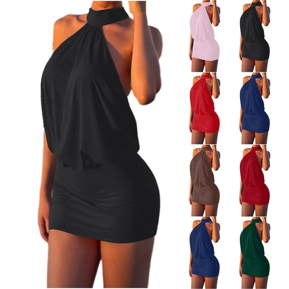 Maqroz Bodycon Dresses for Women Sleeveless Stretch Halter Neck Solid Color Mini Dress Slim Fit for Cocktail Party Evening Events Night Outings Black S