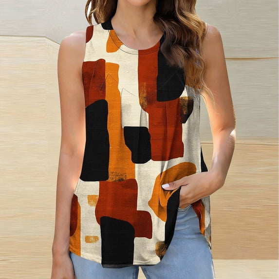 Maqroz Bohemian Sleeveless Womens Top Classic Floral Print Pleated Tank Tops Lightweight Cozy Crew Neck Shirt Casual Loose Trendy Summer Clothing