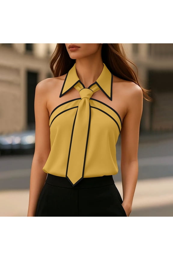 Bow Tie Blouse Sleeveless Womens Shirt Collared Neck Elegant Formal Solid Color Lightweight Formal Shirts for Special Occasion Wedding Guest