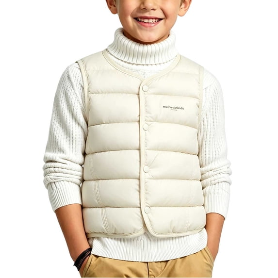 Maqroz Boys Puffer Vests Kids Sleeveless Winter Coats Round Neck Snap Button Down Outerwear Lightweight Warm Padded Clothing for Fall Layering