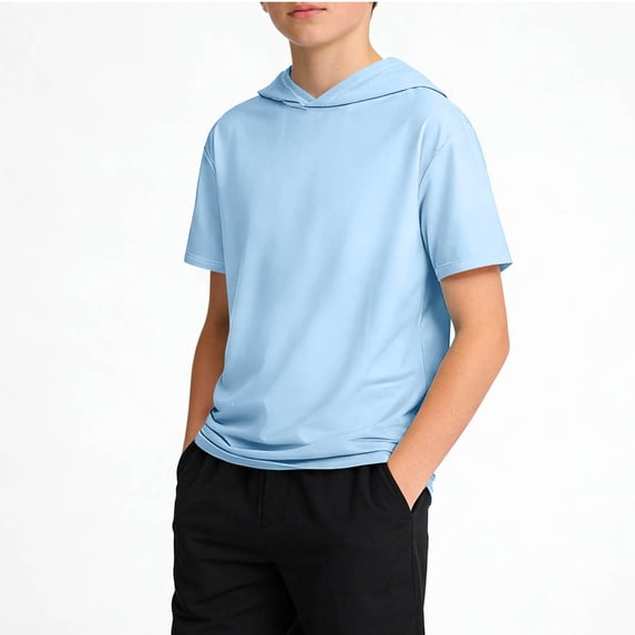 Maqroz Boys Short Sleeve Hooded Tee Classic Minimalist Solid Color Breathable Pullover Casual Loose Outdoor Top for School & Everyday Layering Size 9-10 Years