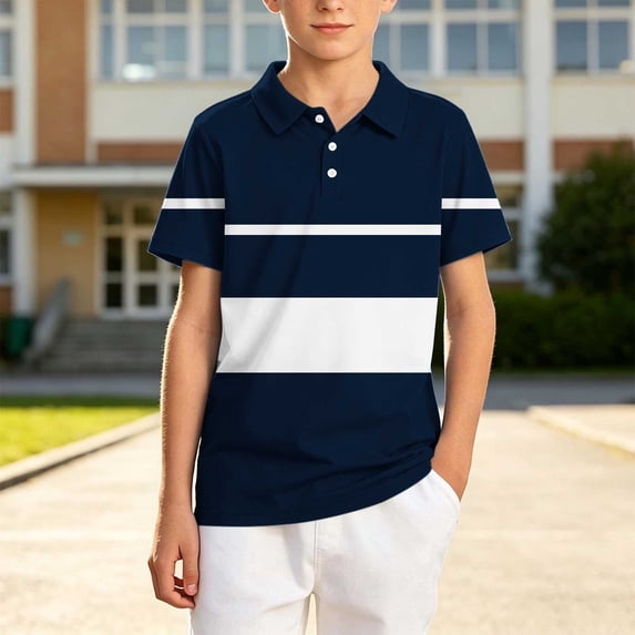 Maqroz Boys Striped Shirts Short Sleeve Tops Kids Casual Collared Tees Button Down Activewear School Daily Playwear Golf Tennis Outfits Athletic Vacation Gear Size 5-15 Years