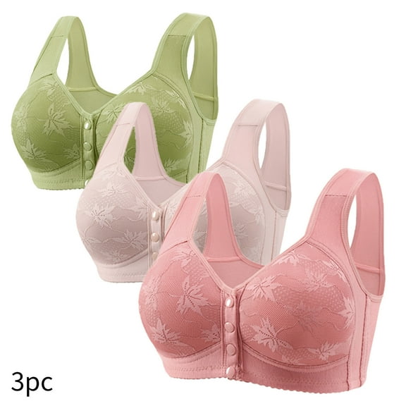 Maqroz Bras for Older Women 3 Pack Plus Size Wireless Lightly Support Bra Comfortable Button Front Closure Bras Breathable Lace Full Coverage Everyday Bralette
