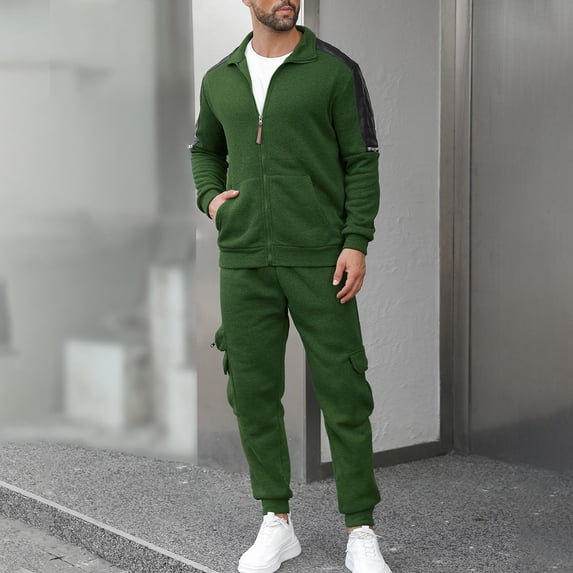 Maqroz Breathable Men's Summer 2-Piece Suit Long Sleeve Zip Up Top and Straight Leg Pants Fashion Lapel Color Block Workout Sets for Racing