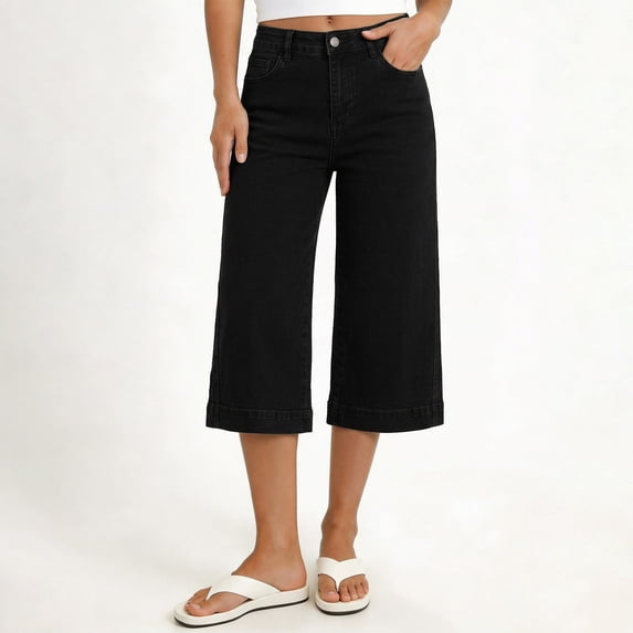 Maqroz Capri Jeans for Women High Waist Stretch Wide Leg Trendy Cropped Jeans Casual Summer Loose Denim Pants with Pockets Black L