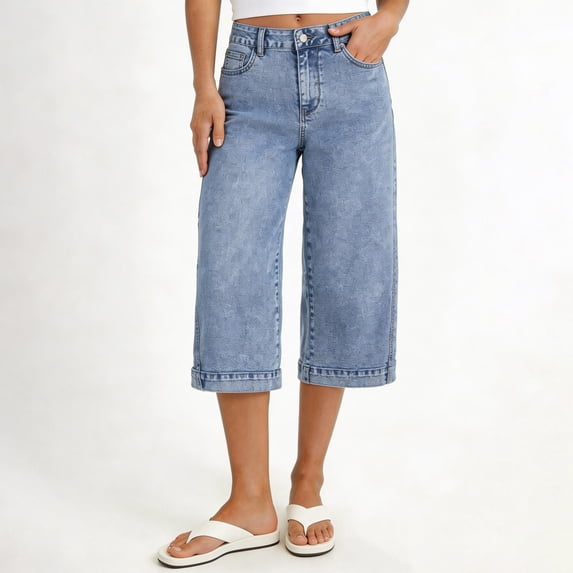 Maqroz Capri Jeans for Women High Waist Stretch Wide Leg Trendy Cropped Jeans Casual Summer Loose Denim Pants with Pockets Light Blue S