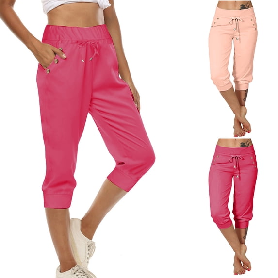 Maqroz Capri Workout Pants for Women High Waisted Drawstring Button Closure Stretchy with Pockets Cropped Pants for Fitness Exercise