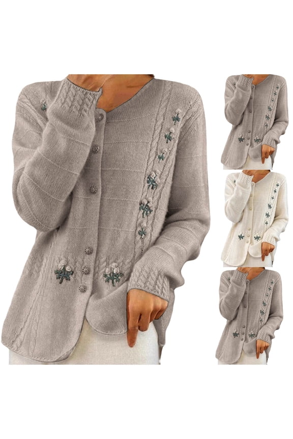 Cardigan Sweaters for Women Button Up Crew Neck Cardigans Jaquard Knit Soft Sweater Embroidered Casual Coat Lightweight Fall Winter Stylish Warm Outerwear
