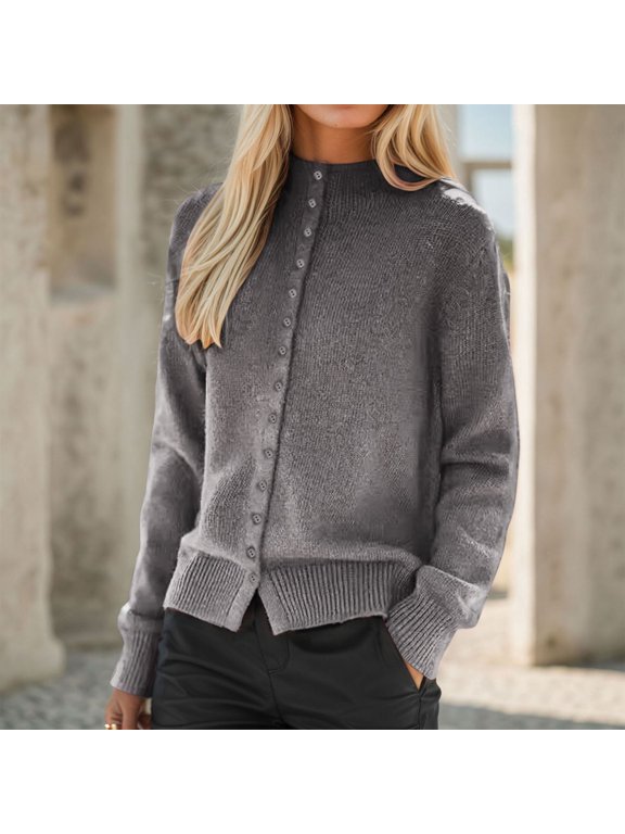 Cardigan Sweaters for Women Crewneck Button Up Cardigans Casual Solid Color Top Comfortable Knitted Ribbing Sweater Fall Winter Trendy Tops