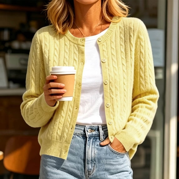 Maqroz Cardigan Sweaters for Women Fall Clothes Long Sleeve Crewneck Button Down Cable Knit Tops Classic Vintage Aesthetic Warm Outerwear