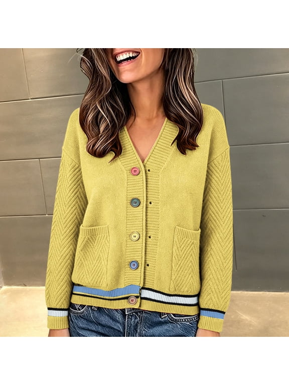 Cardigan Sweaters for Women Fall Long Sleeve V Neck Button Up Contrast Striped Trim Knit Tops Chevron Textured Casual Outerwear with Pockets