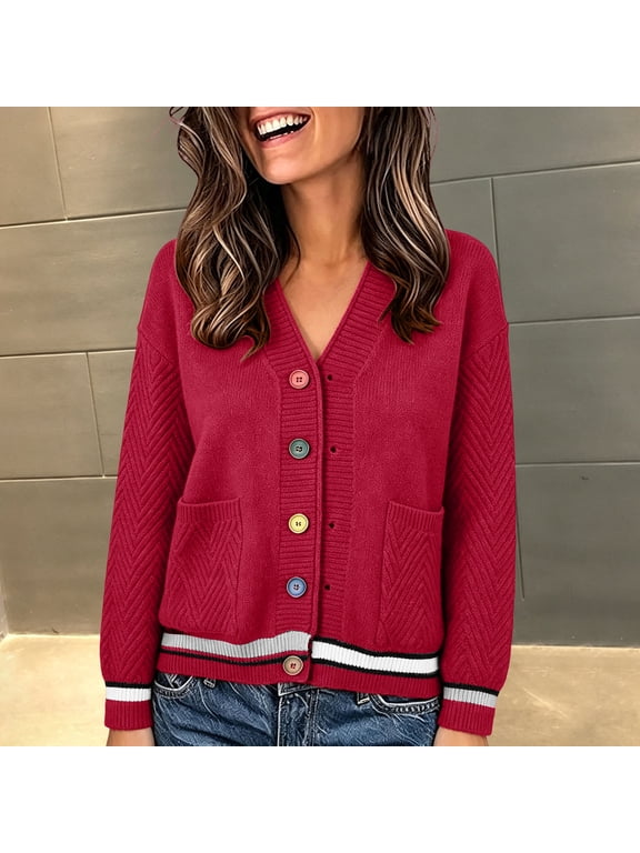 Cardigan Sweaters for Women Fall Long Sleeve V Neck Button Up Contrast Striped Trim Knit Tops Chevron Textured Casual Outerwear with Pockets
