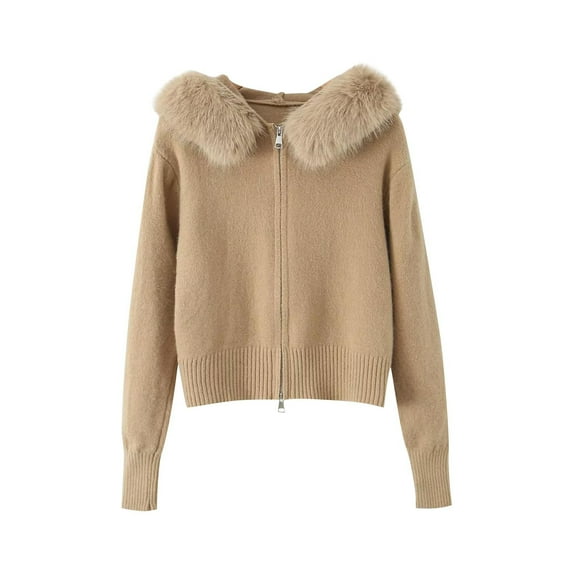 Maqroz Cardigan for Women Full Zip Crewneck Cardigans Casual Loose Sweater Stylish Solid Color Sweaters Comfortable Knitting Top Fall Winter Fashion Tops with Faux Fur Collar
