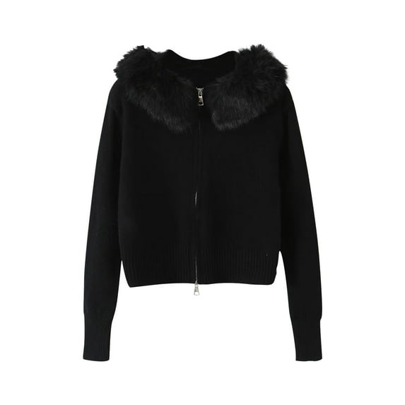 Maqroz Cardigan for Women Full Zip Crewneck Cardigans Casual Loose Sweater Stylish Solid Color Sweaters Comfortable Knitting Top Fall Winter Fashion Tops with Faux Fur Collar