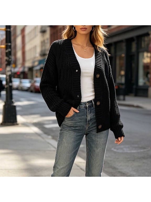 Cardigans for Women Chunky Cable Knit Sweaters Button Down V Neck Oversized Fall Jackets Long Sleeved Slouchy Winter Outerwear