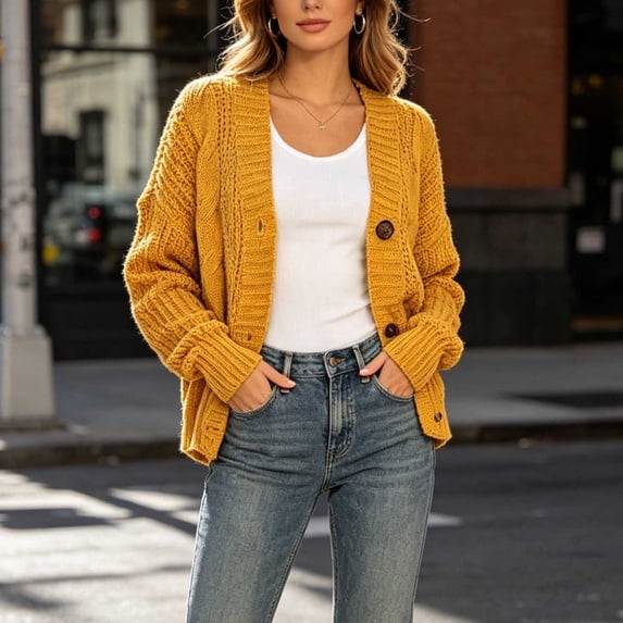Maqroz Cardigans for Women Chunky Cable Knit Sweaters Button Down V Neck Oversized Fall Jackets Long Sleeved Slouchy Winter Outerwear