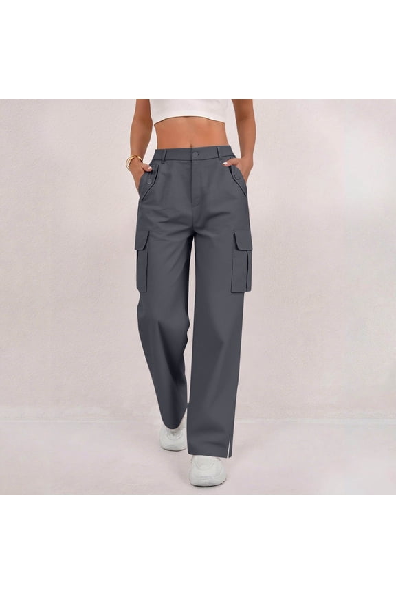 Maqroz Cargo Pants Women High Waist Baggy Stretchy Trousers Wide Leg Straigh Long Pants Side Split Loose Fit Casual Tactical Hiking Pants with 4 Pockets, Dark Gray XL